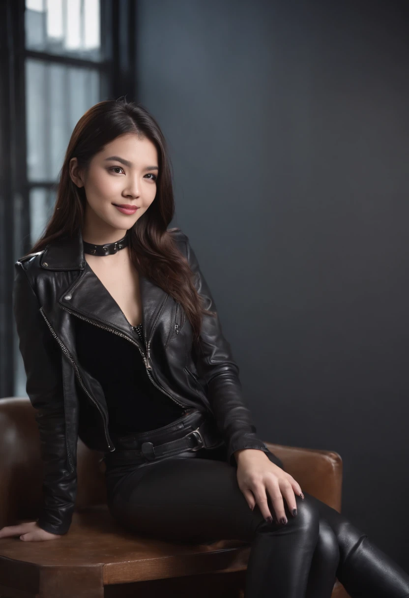 Black leather gloves on both hands Upper body Black leather rider jacket Black leather leggings Black leather boots Necklace on chest Smiling at desk in a modern study in the dark, Black straight long hair Young Japanese woman (Black leather gloves cover hands) Fingers with black leather gloves, Sit in a leather chair, Work on a computer, Staring at the screen