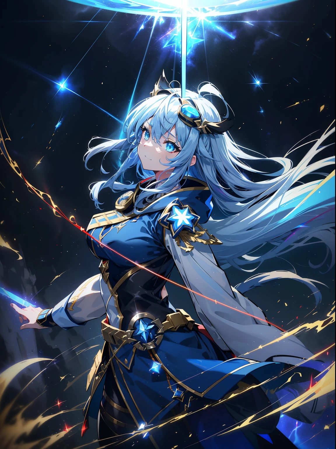 (She has cat ears:1.3),(Blue eyes in the starry sky:1.3),(Face Focus:1.3), (Wear detailed blue goggle-shaped goggles on your head:1.4),(sad:1.3),(Happy expression:1.3),(A smile:1.3),(Otome Knight:1.3),(With long silver hair,:1.3), (hair messy:1.3), (Magic knight wielding fire torpedoes:1.3), (perfectly detailed eyes:1.3),(Adult leeway:1.3),(Battle angles that unleash the magic of flames from your hands:1.3),(dance:1.3),Her skin is pale,(Blue and white and gold war maiden costume:1.3),(small tit:1.5),(Blue military uniform jacket with red straps on shoulders and back:1.3),(Black and gold and red pirate suit:1.3),(Blue Lightning Brave Sword:1.3),She is a war maiden,Emitting an aura of light,(Face Zoom:1.3),Highest Quality, (Gripping the silver sword accurately:1.3),(Many blue glowing blades fly around her:1.3),Complex castle town,Lens Flare, Big rainbow,The moon shines,money, bloom, ((light glow)), chromatic abberation], Digital Painting, Insane details, Intricate details, Beautifully color graded, Anime Clothing,Unreal Engine, Cinematic , colour grading, Editorial Photography , Photography, Kiss Shot, Canon 5D Camera Photography,Shot on 70mm lens, Depth of subject, ultra sharpness, nffsw, octane, Unreal, Dramatic light, Global Illumination,Motion Picture Film,rainbow,lensflare,(Blue Cross and Shooting Star Aura Wave:1.3),(Blue military uniform cloak、Red string:1.3),(Agfacolor:1.3),(close portrait:1.3),(Feminine:1.4),(Beautiful:1.4),(Attractive:1.3),Move an angle,Themed Background,