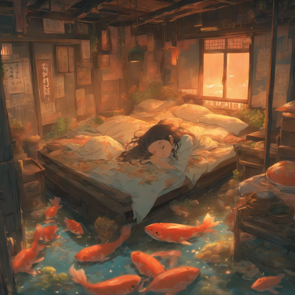Old beds with dirty, peeling tiles and cracks、Bedroom floor littered with rotting dead aquatic creatures, food scraps and rotting seafood with polluted, cloudy cloudy streams、A fat Japan woman in her 20s in pajamas who sleeps with her mouth wide open and vomiting with a terrible look and an expression of anguish