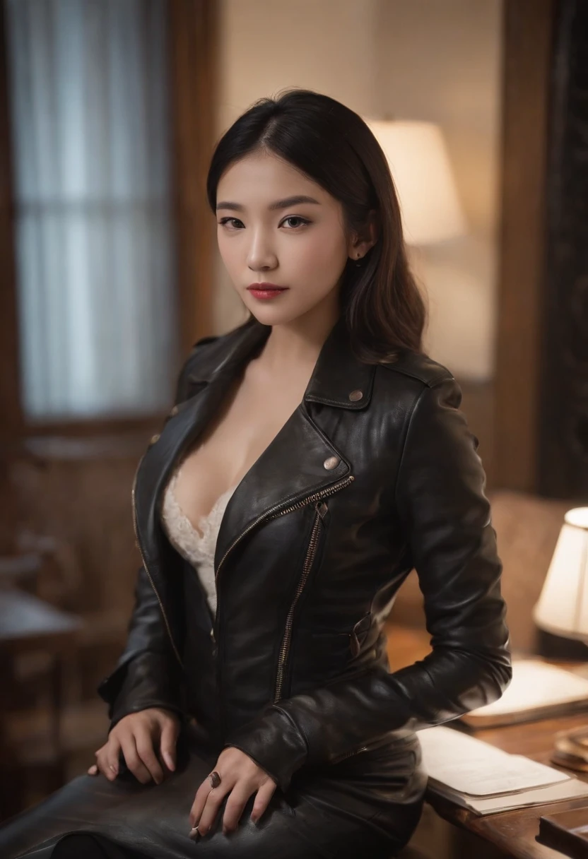 I'm wearing black leather gloves up to my fingertips in both hands and covering my upper body. Black leather double rider jacket. Slender necklace. A young and cute Japanese girl with beautiful black hair. Sitting on a black leather chair at the desk in the president's room at night. Pray.