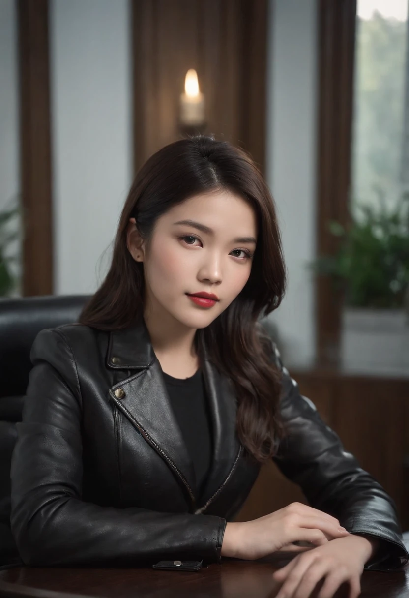 I'm wearing black leather gloves up to my fingertips in both hands and covering my upper body. Black leather double rider jacket. Slender necklace. A young and cute Japanese girl with beautiful black hair. Sitting on a black leather chair at the desk in the president's room at night. Pray.