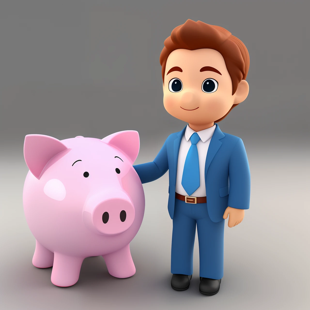 3d cartoon businessman standing with piggy bank