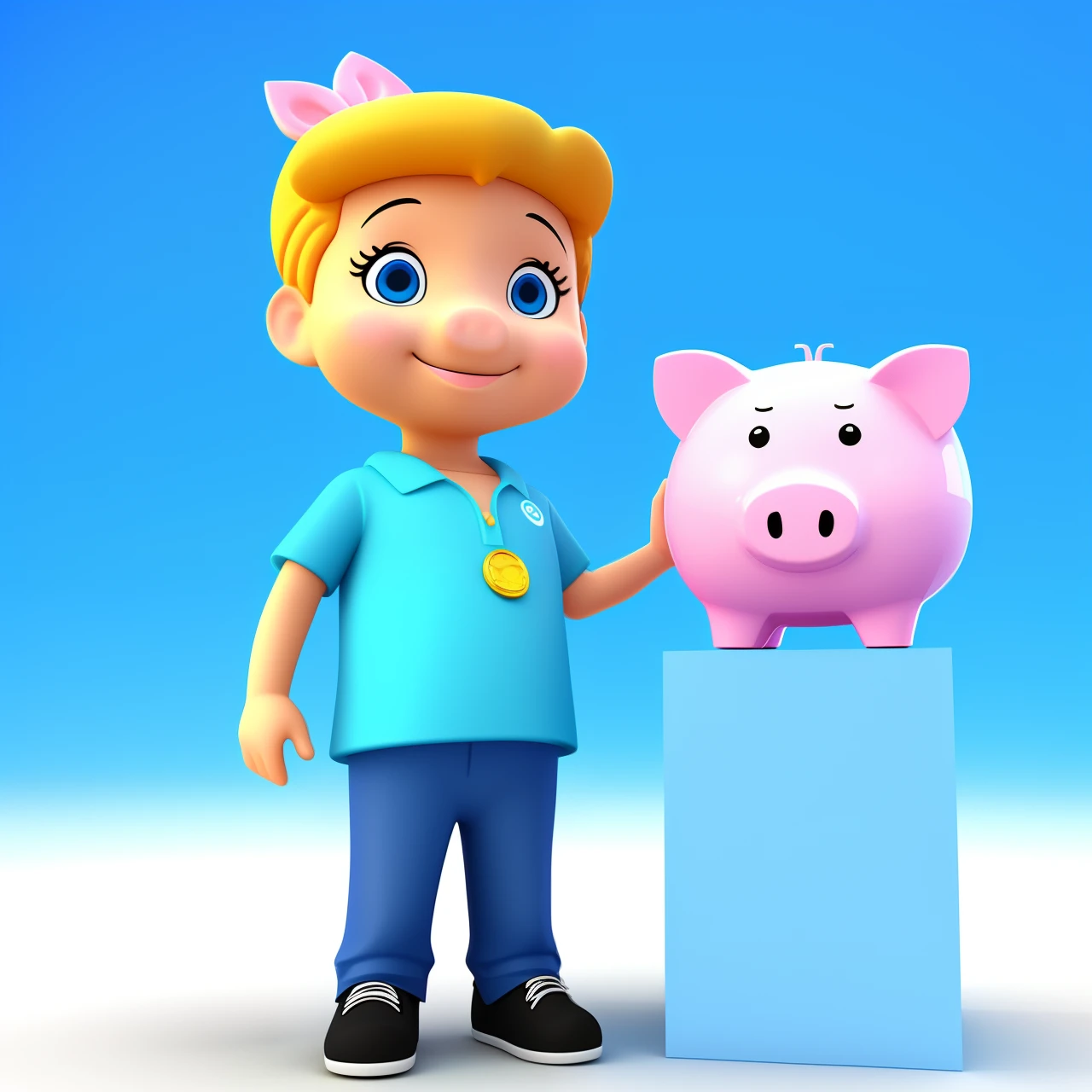 3d cartoon entrepreneur standing with piggy bank