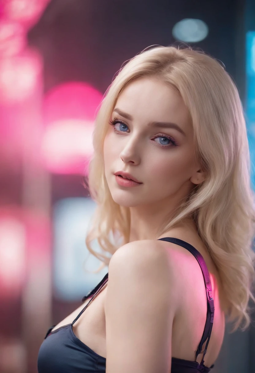 1 woman, inside a city at night, wearing a purple dress, feminine blue eyes, clear and detailed skin, large breasts, very long and straight light blonde hair, dramatic lighting, cinematic composition, dark palette, dark colors, atmospheric haze, thin chin, soft face, serious face, beautiful woman, adult woman, ultra realistic, adult woman (best quality, 4K, 8K, high resolution, art: 1.2), ultra detailed (realistic, photorealistic, photorealistic: 1.37)