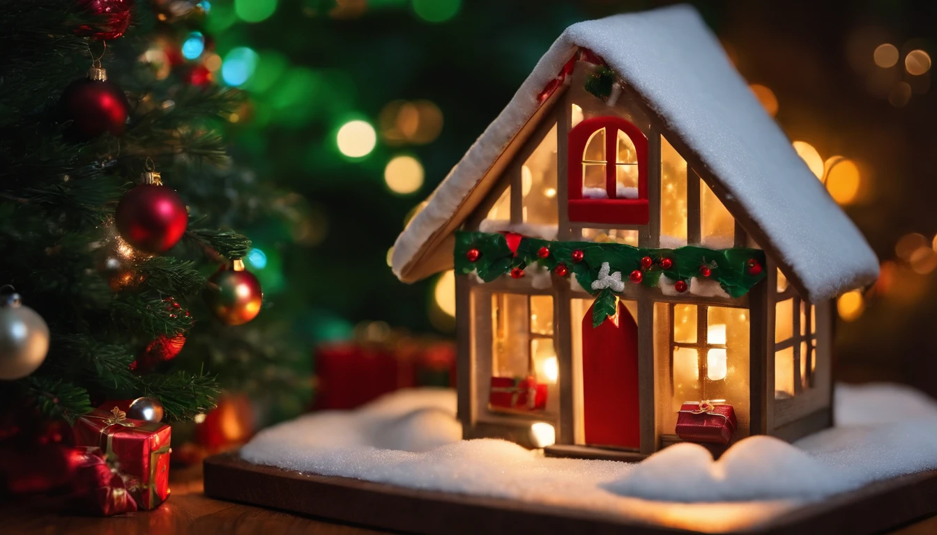 /imagine prompt: A beautiful wooden board shows a warm Christmas scene. On this wooden board, you can see a winter scenery covered by white snow, and the magic of Christmas is permeated.

On the snow, a tall Christmas is established there, decorated with colorful lights and flashing decorations. There are exquisite gift boxes under the tr
ee, all packed in gorgeous colored paper, waiting to be opened. The small house next to the tree also decorates the Christmas atmosphere. There are red and green light bands hanging on the windows, and the warm light sprinkle through the window through the window.