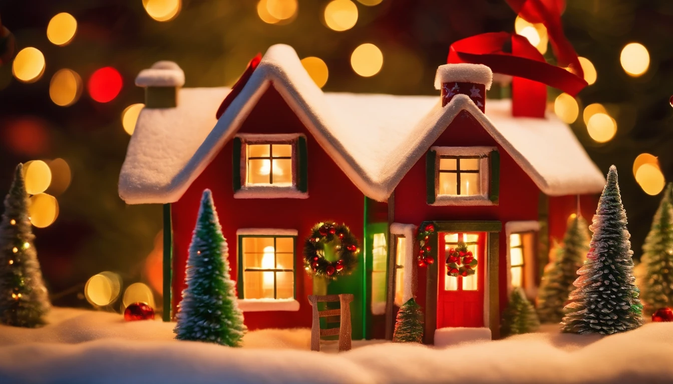 /imagine prompt: A beautiful wooden board shows a warm Christmas scene. On this wooden board, you can see a winter scenery covered by white snow, and the magic of Christmas is permeated.
On the snow, a tall Christmas is established there, decorated with colorful lights and flashing decorations. There are exquisite gift boxes under the tr
ee, all packed in gorgeous colored paper, waiting to be opened. The small house next to the tree also decorates the Christmas atmosphere. There are red and green light bands hanging on the windows, and the warm light sprinkle through the window through the window.