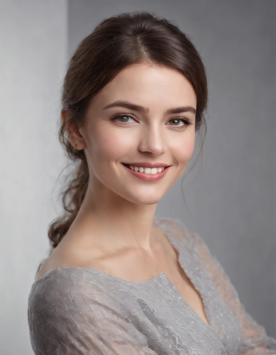 (photo: 1.3) af (realistic: 1.3), Caucasian woman, soft light, clear face, happy, cheerful, smiling, warm light, ((gray-white gradient background)), (background)). ((gray wall background)) avatar, (long or short hair), smile, handsome, young,, short hair, smile,(medium close-up)