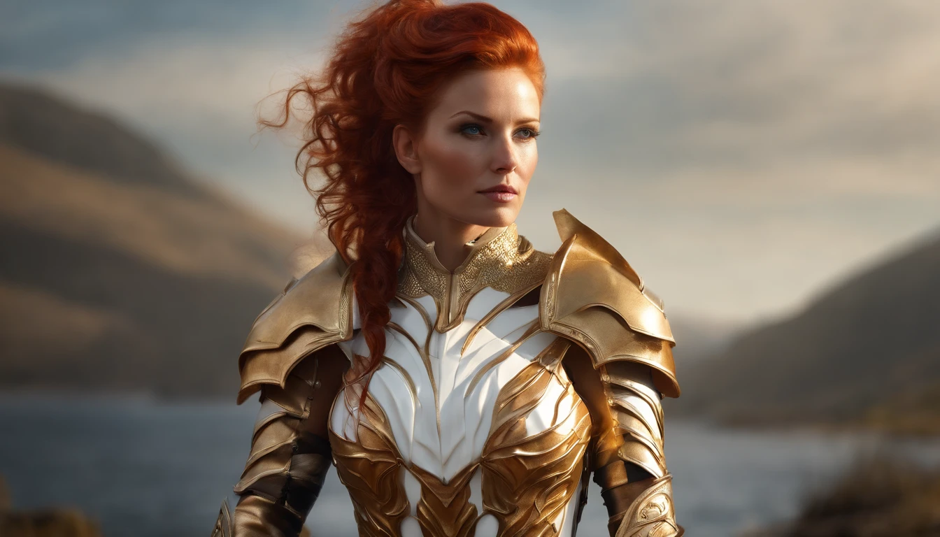 (8k, RAW photo, best quality, masterpiece:1.2), (realistic, photo-realistic:1.4), (extremely detailed CG unity 8k wallpaper), a full body (rogue:1.1) female wearing gold (leather armor:1.3), stiched worn out armor, (insanely detailed:1.5), gold and (white:1.5), Concept art portrait by Greg rutkowski, Artgerm, hyperdetailed intricately detailed gothic art trending on Artstation, fantastical, intricate detail, (small blue highlights:1), (redhead, wavy hair, high ponytail: 1.4)