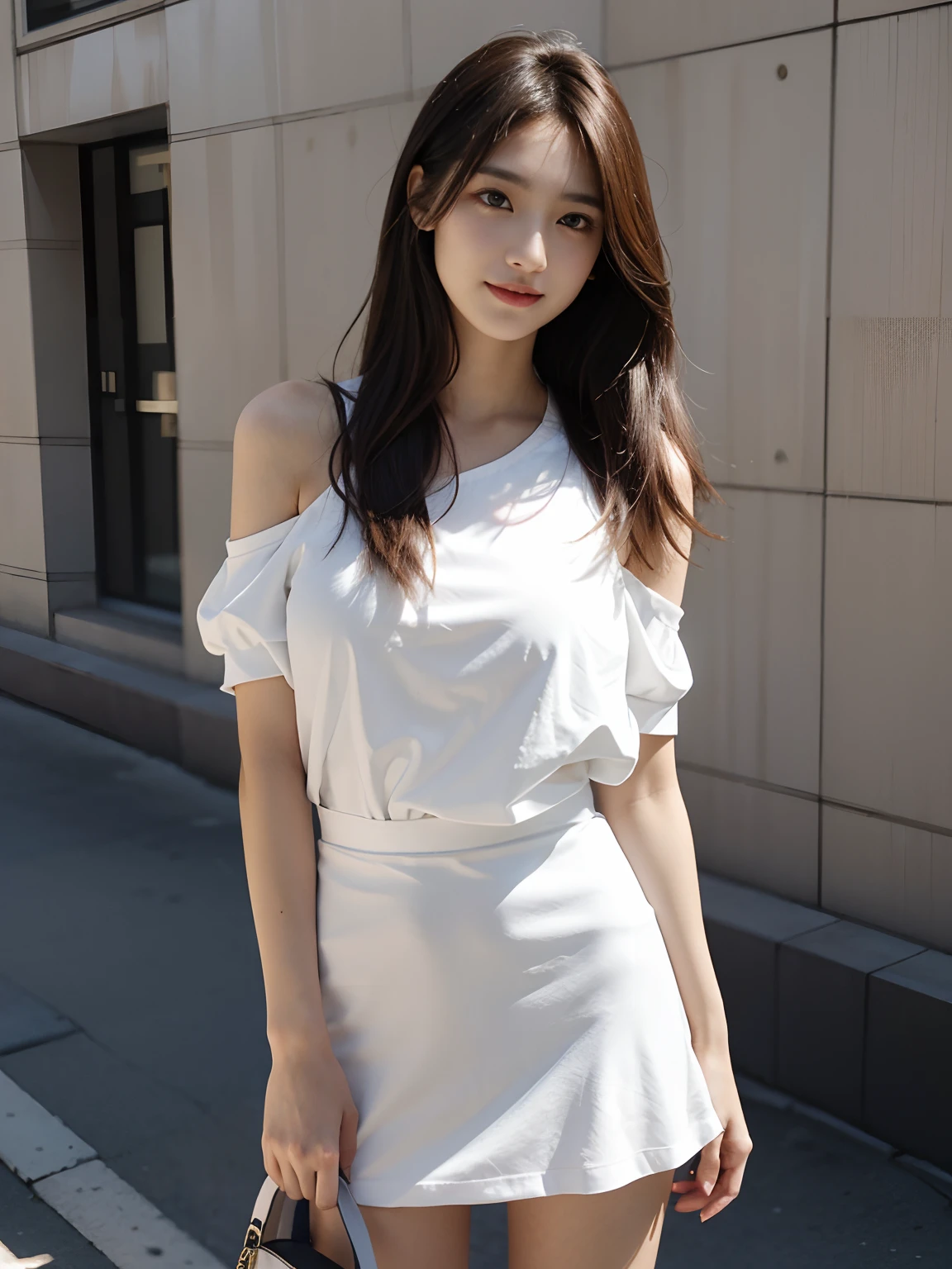 best qualtiy，tmasterpiece，超高分辨率，（真实感：1.4），RAW photogr，1girll，long whitr hair，Face Highlighting，Pure，Girly，Flushing，18yr old，18-year-old smiling female classmate，Pure，Innocent，（best qualtiy，8K，tmasterpiece:1.3），Goose egg face，largeeyes，long eyelasher，Exquisite（live-action realistic style），Star-like eyes，Ultimate face，Photorealistic light and shadow，Clear facial features，Milky white skin，Fair skin， highdetailskin， Realistic skin details， Visible Pore，（Super detail），（perfect bodies：1.1），long whitr hair，（dynamicposes），((Dynamic background((volumettic light：1.3))，black short skirt，huge tit，White color blouse，Street photography，Grey shoulder bag