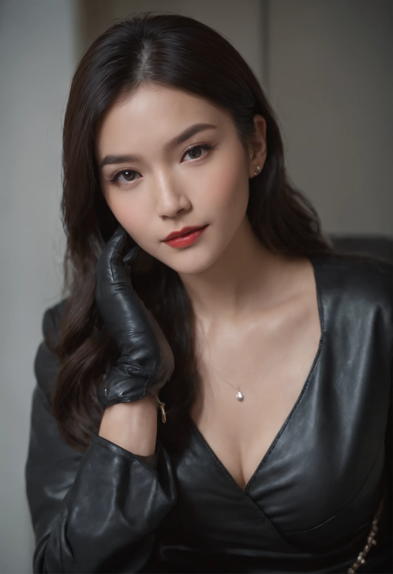 I'm wearing black leather gloves up to my fingertips in both hands and covering my upper body. Black leather double rider jacket. Slender necklace. A young and cute Japanese girl with beautiful black hair. Sitting on a black leather chair at the desk in the president's room at night. Pray.