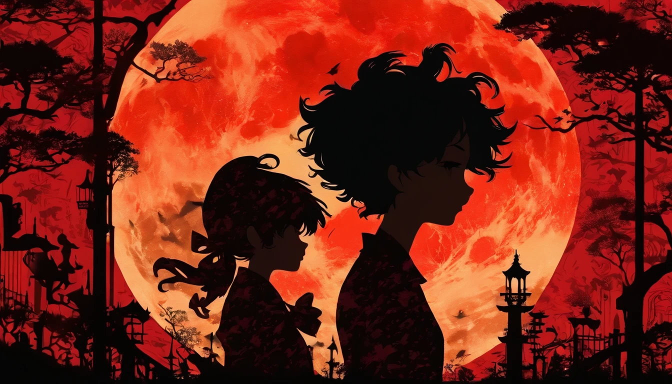 (Silhouette Art,cutouts:1.6) (((Paper cutting art,A world where only red exists:1.3) (Cowboy Shot),1 girl、Solo, (doress, profile:1.2),white, Clear and beautiful face,Romper (Red Moon) Textured glass background,World of Tarot Cards、An angle that shows the entire person