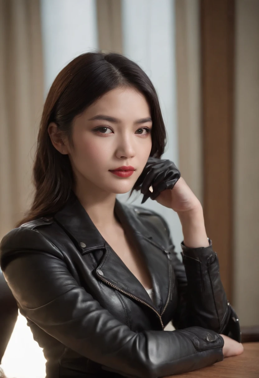 I'm wearing black leather gloves up to my fingertips in both hands and covering my upper body. Black leather double rider jacket. Slender necklace. A young and cute Japanese girl with beautiful black hair. Sitting on a black leather chair at the desk in the president's room at night. Pray.