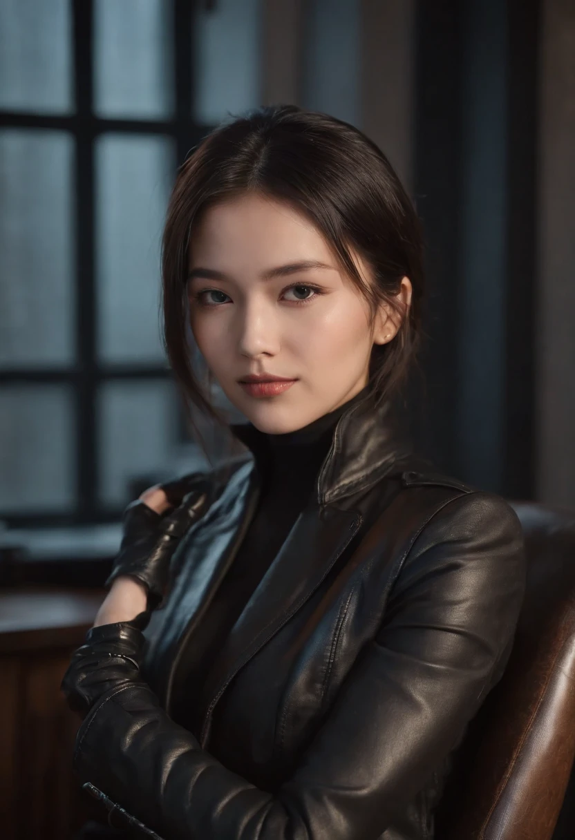 I'm wearing black leather gloves up to my fingertips in both hands and covering my upper body. Black leather double rider jacket. Slender necklace. A young and cute Japanese girl with beautiful black hair. Sitting on a black leather chair at the desk in the president's room at night. Pray.