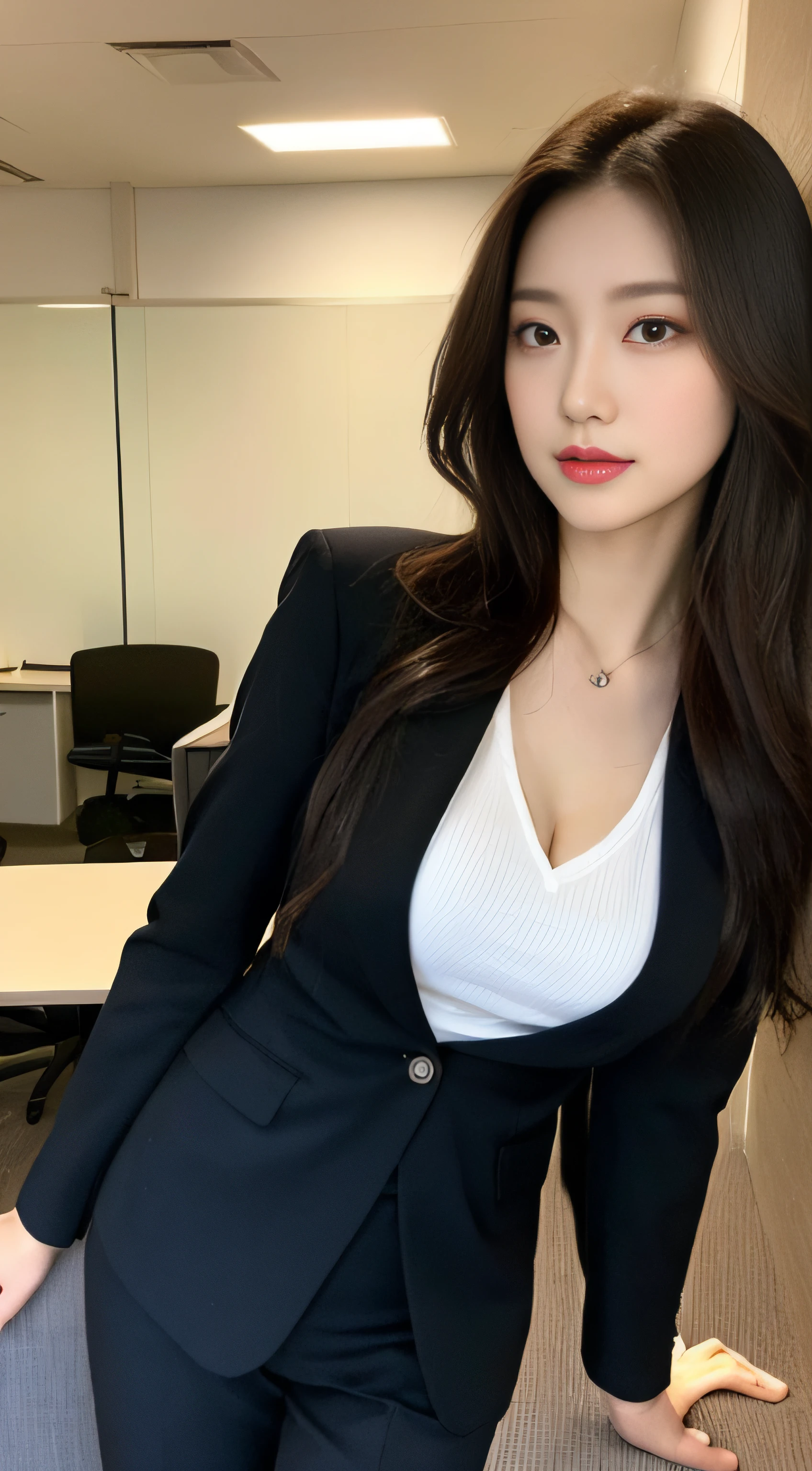 ((8K、Raw photography、top-quality、masterpiece)、(realisitic)、(top-quality)、(Best Shadows)、(The best illustrations)、Young Solo、Chest、Intelligent beauty、Detailed face、perfectly proportions、Raw feet、Sexy Secretary、s Office、、At work、Sexy Suits、solid、、highest texture、goddes、Clear skin、Fashionable hairstyle、Longhaire、Cool and cute