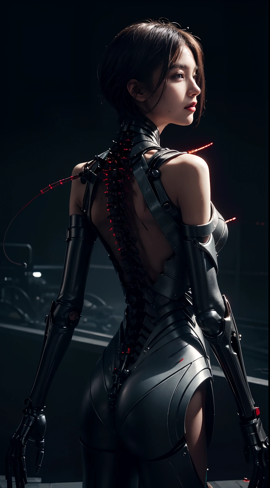 (((Masterpiece))), ((Best Quality)), (Super Detail), (CG Illustration), (Very Evil and Beautiful)), Cinematic Light, ((1 Mechanical Girl)), Single, (Mechanical Art: 1.4), ((Mechanical limb)), (Blood vessel attached to a tube), ((Mechanical spine attached to the back)), ((Mechanical cervical vertebrae attached to the neck), (Back to the viewer)), expressionless, ( Wires and cables attached to the head and body: 1.5), Science Fiction, Apocalypse, Ruins, (Lower Body Integrated with Mechanical Devices), (Blood: 1.5), Cruelty, Absurdity, Eroticism, Fusion with Machines, Doomsday Time, Super Future, Inorganic, Laboratory, Restraint, (Beautiful Indulgence: 1.2), (1 Girl: 1.3), Body Wrapped Around Mechanical Tentacles,Shoulder length straight short hair,small breasts,small head,small face,slim,thin