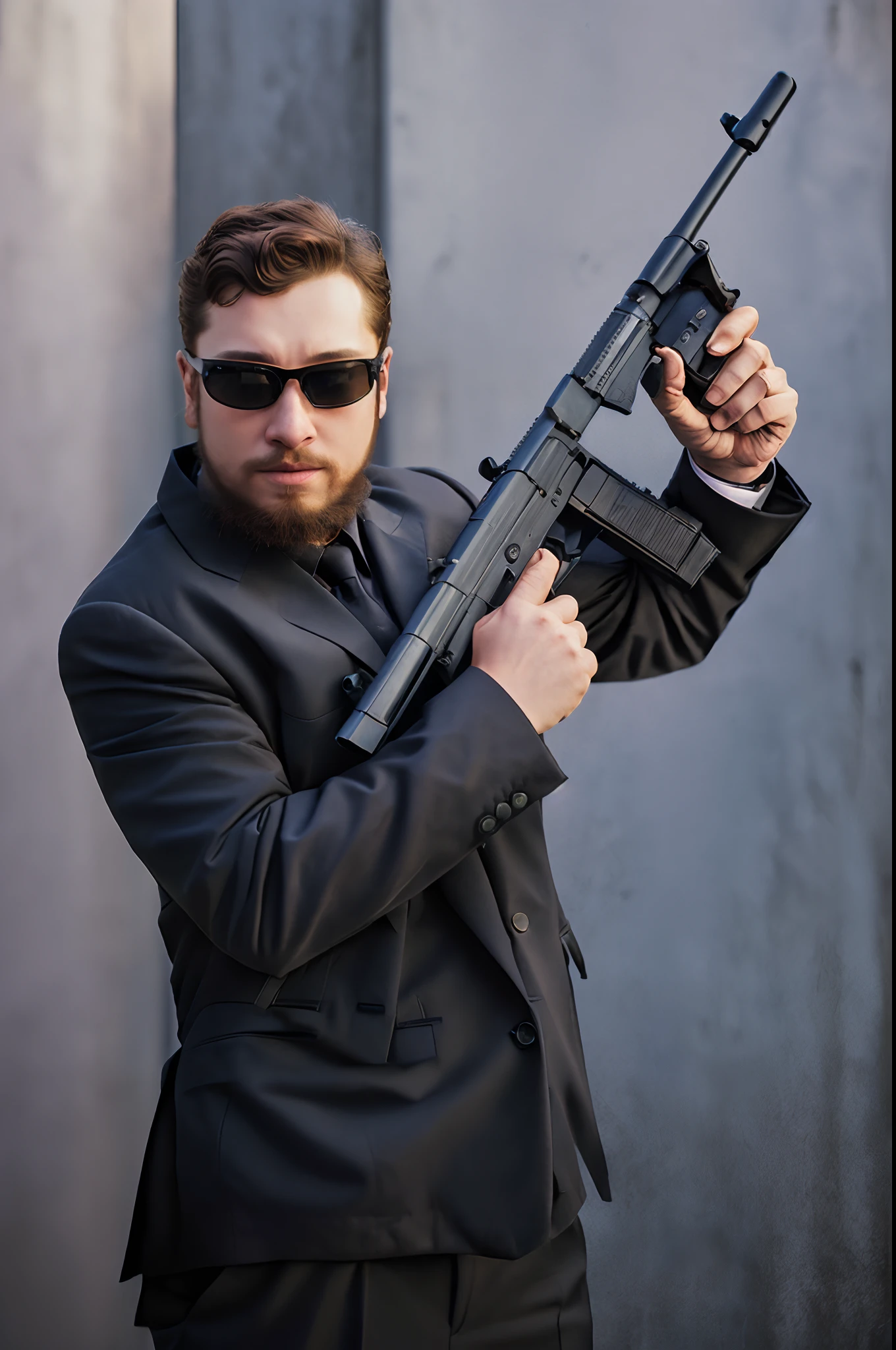 arafed man in a suit holding a gun and sunglasses, man is carrying a submachine gun, carrying a gun, man with a gun, with machine gun in hands, tommy gun, carrying a machine gun, dramatic wielding gun pose, holding rifle, new york city street backdrop, portrait of sam hyde
