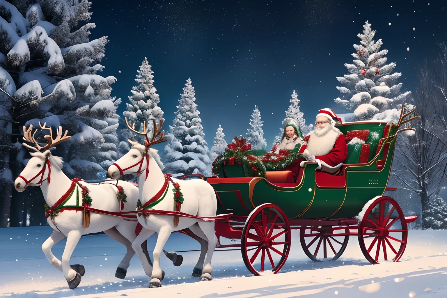 (bright,colored,happiness)Santa with a long white beard and (smiling:1.1), Santa Claus is depicted riding in a (festive:red and green) Christmas sled, (hand-crafted,traditional,ornately carved), beautifully decorated with (twinkling lights,dazzling ornaments). This charming sled is being pulled by a group of (majestic,strong) reindeer with impressive antlers, all dressed in (festive:1.1), (vibrant,red and green) harnesses. The reindeer move gracefully through the (sparkling:snow-covered) countryside, leaving trails of (glittering:1.1), (twinkling) dust in their wake. The (snowflakes:1.1) fall softly from the (frosted icy)cold winter sky, creating a magical atmosphere. In the background, the silhouettes of (tall:1.1), (snow-capped) trees add to the enchantment of the scene. The (festive joyful) atmosphere is filled with joy and anticipation as Santa delivers presents to children around the world. The (best quality,highres,ultra-detailed) illustration captures the (wonder,magic, charm) of the holiday season, bringing the joy of Christmas to life.