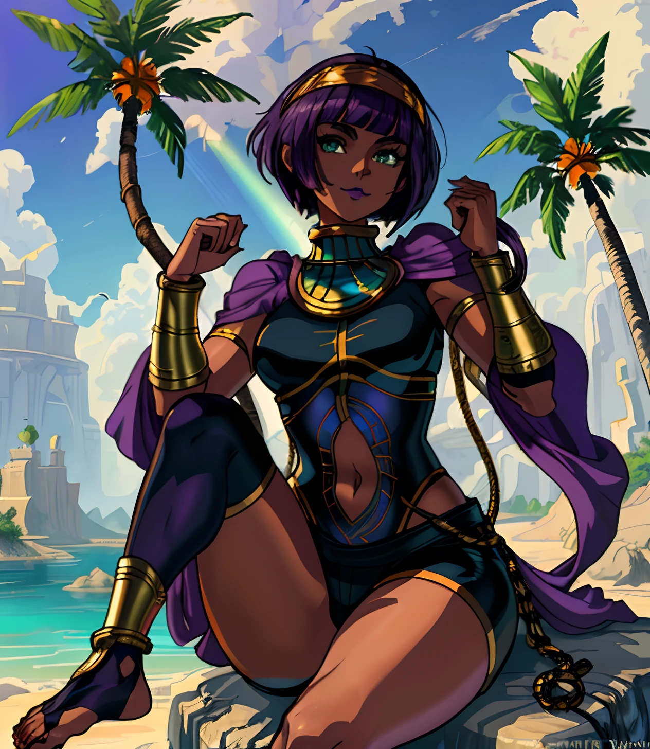 [Menat], ((Masterpiece)), ((High quality art)), ((High definition)), ((solo portrait)), ((anime)), ((beautiful render art)), ((detailed shading)), ((intricate details)), {(Beautiful woman), (dark skin), (cute green eyes), short purple hair, cute smile, (purple lipstick), (beautiful feet), (slightly muscular legs)}, {(black bodysuit), (shorts), (navel cutout), (purple shawl), (black knee high socks), (toeless socks), (gold headband), (gold bracers), (gold anklets)}, {(sitting on rock), (pigeon-toed)}, [Background; (desert oasis), (beautiful water), (palms trees), (blue sky), (sun rays)}