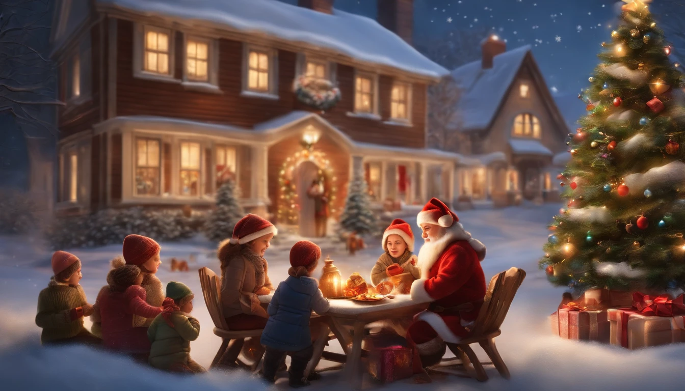 (best quality,4k,8k,highres,masterpiece:1.2),ultra-detailed,(realistic,photorealistic,photo-realistic:1.37),bright and joyful scene,peaceful ambiance,happy children playing,sparkling snowflakes,decorated Christmas tree,presents and gifts,cozy fireplace,warm and inviting home,Classic oil painting,soft and smooth brushstrokes,vivid colors,crisp details,blinking holiday lights,joyful laughter and smiles,traditional Christmas carols,delicious aroma of gingerbread cookies,snow-covered rooftops and streets,delicate Christmas ornaments,whimsical Santa Claus,snowman with carrot nose,children building a snow fort,glowing candles on the windowsill,magical starry night sky,parents and grandparents gathered around the table,happy family reunion,hot cocoa and marshmallows,stunning winter landscape,frosty breath in the cold air