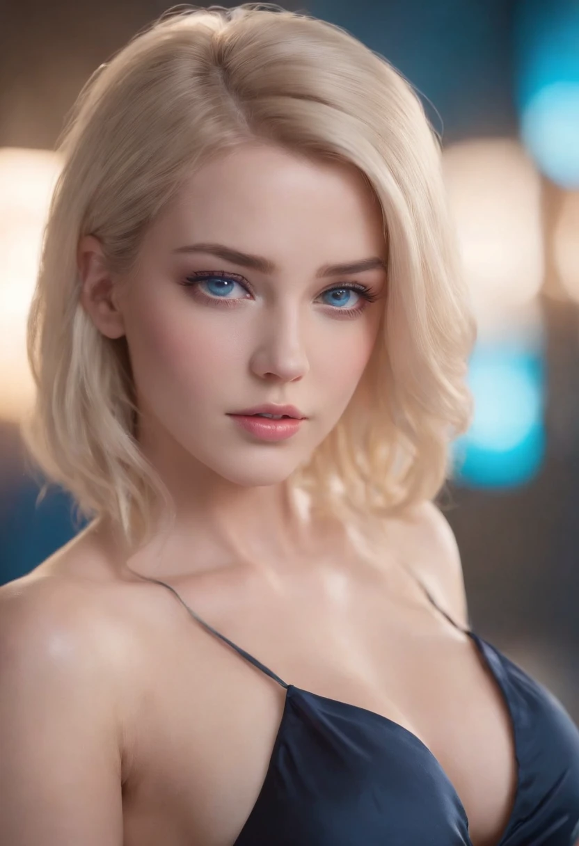 woman, Realistic character，coiffed blonde hair, Pink silk belly pocket，Blue eyes, anime big ??????, Alone, modern, Cyberpunk