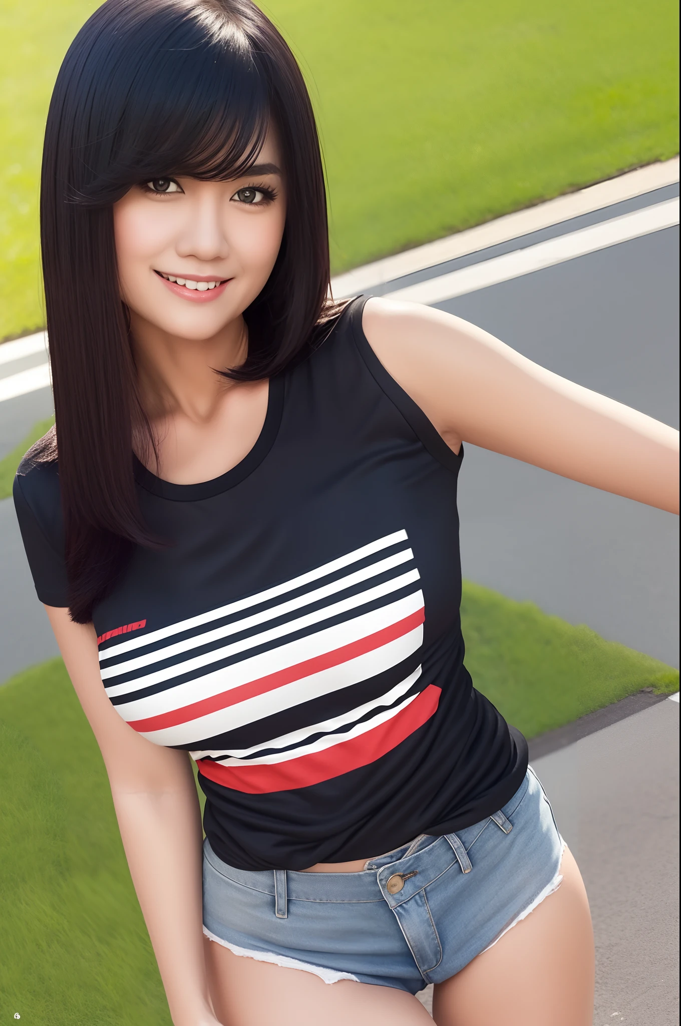 25old years, Half body shirt, hotpants, Standing at park, long black bangs hair, glare expression, smile, Slanted eyes, red nails, at photo room, beautiful face, photorealistic, masterpiece