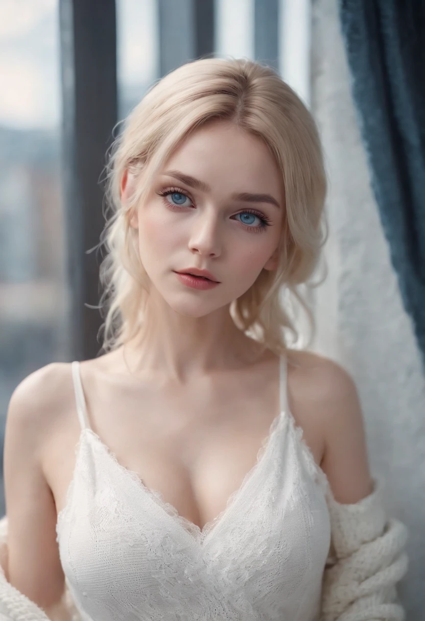 woman, Realistic character,coiffed blonde hair, White knitted slip dress,Blue eyes, anime big breast, Alone, modern, Cyberpunk