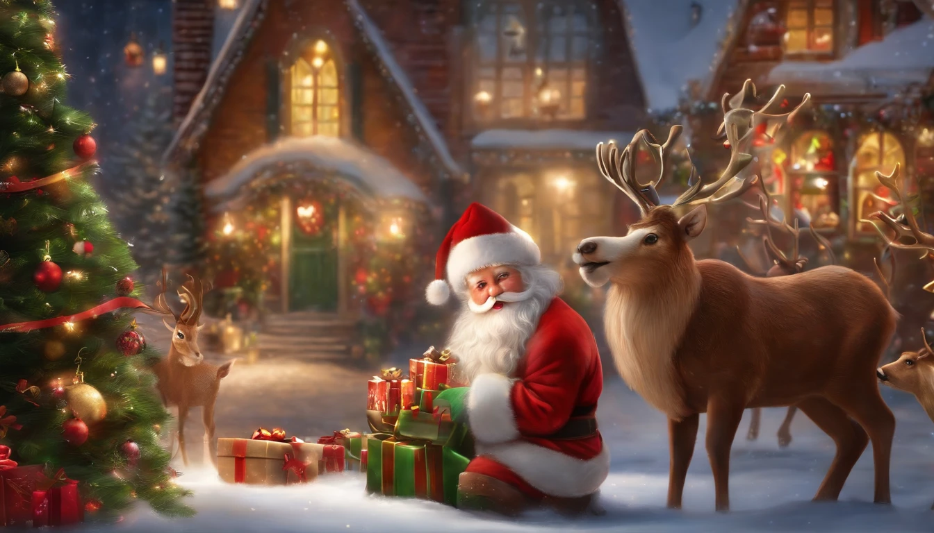 Mainly Christmas theme,Rich and super interesting content,(Santa Claus,Reindeer,Christmas Elves,Naughty Children,Nice Children)Painting way display,Super HD,ultra-detailliert,rendering, high details high quality --aspect 16:9