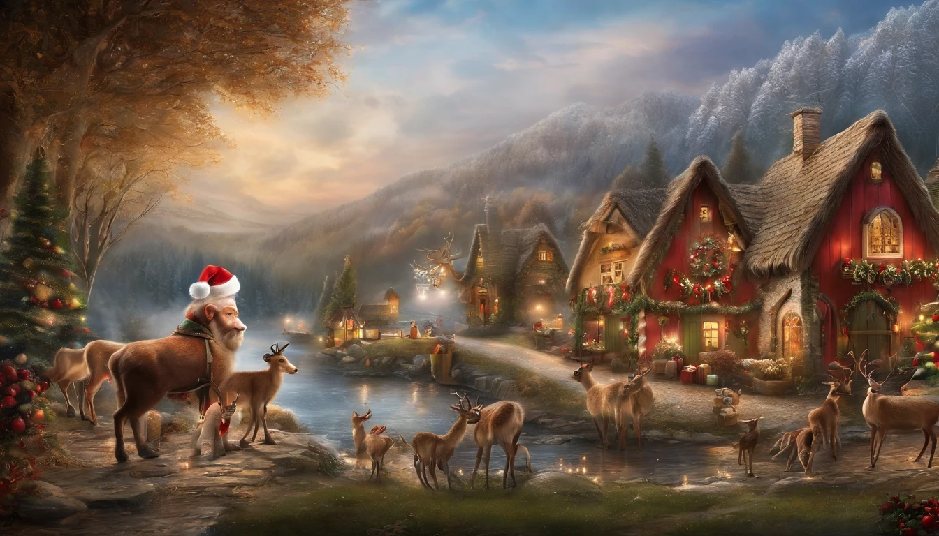 Mainly Christmas theme，Rich and super interesting content，（Santa Claus，Reindeer，Christmas Elves，Naughty Children，Nice Children）Painting way display，Super HD，ultra-detailliert，rendering，  high details  high quality --aspect 16:9
