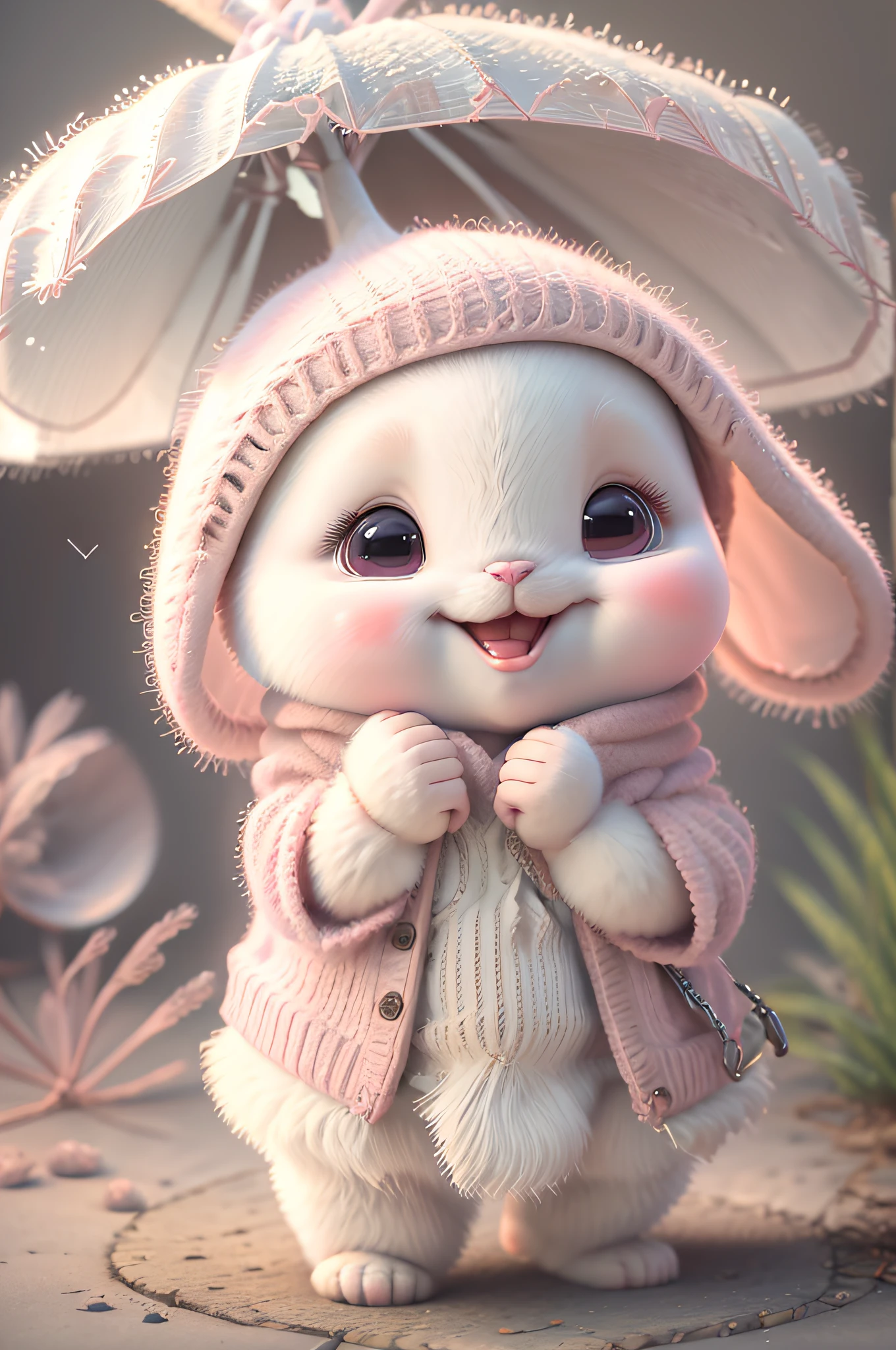 light background color, 3D rendering, a super cute light pink and white Pixar style fairy tale rabbit, holding an umbrella in hand, singing, smiling, sweet smile, lovely smile, with two lovely ears, sparkling fur, bright big eyes, fluffy hair, dressed in exquisite clothing, delicate and delicate, fairy tale, incredibly high detail, Pixar style, bright colors, natural light, full body portrait, 5 and ctane renderings