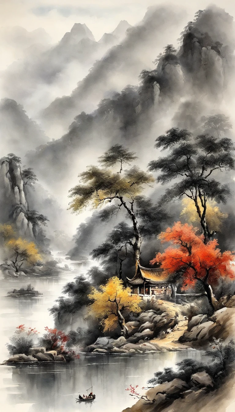 Chinese landscape painting，ink and watercolor painting，water ink，ink，Smudge，Faraway view，Ultra-wide viewing angle，Meticulous，water ink，Smudge，Meticulous，Smudge，low-saturation，Low contrast，The light boat has crossed the Ten Thousand Heavy Mountains，Beautifully depicted，A detailed，acurate，Works of masters，tmasterpiece