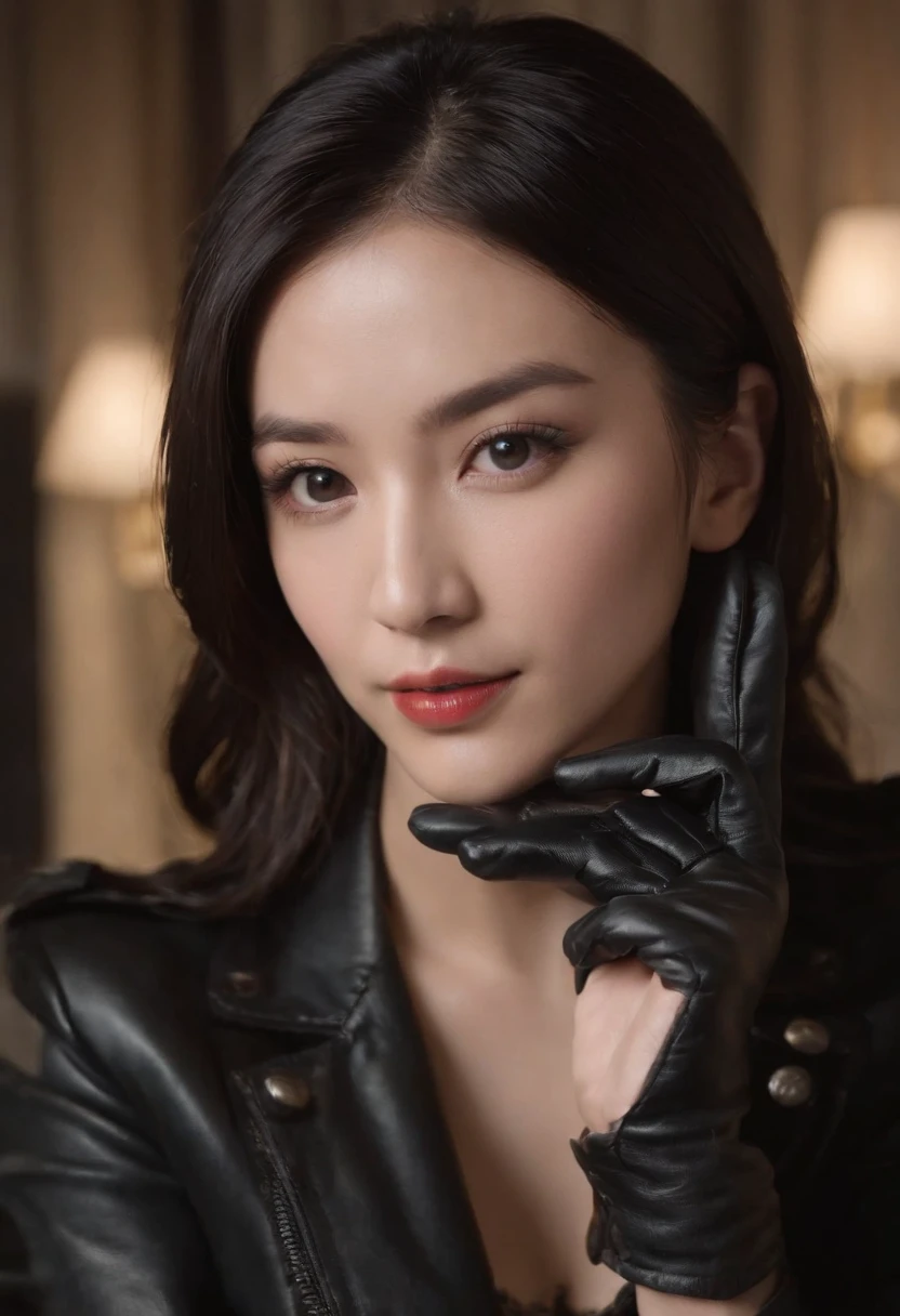 Both hands are covered with black leather gloves up to the fingertips, upper body, black leather double rider jacket, slender necklace, young and cute Japanese girl with beautiful black hair, sitting on a black leather chair facing the desk in the president's room at night, reaching out