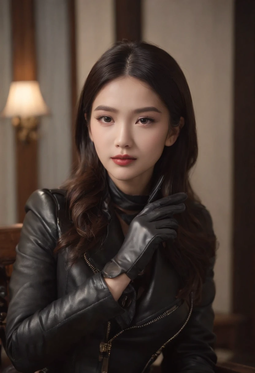 Both hands are covered with black leather gloves up to the fingertips, upper body, black leather double rider jacket, slender necklace, young and cute Japanese girl with beautiful black hair, sitting on a black leather chair facing the desk in the president's room at night, reaching out