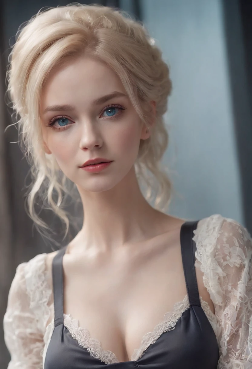 woman, Realistic character,coiffed blonde hair, White lace suspenders,Silk fabric dress,Blue eyes, anime big breast, Alone, modern, Cyberpunk