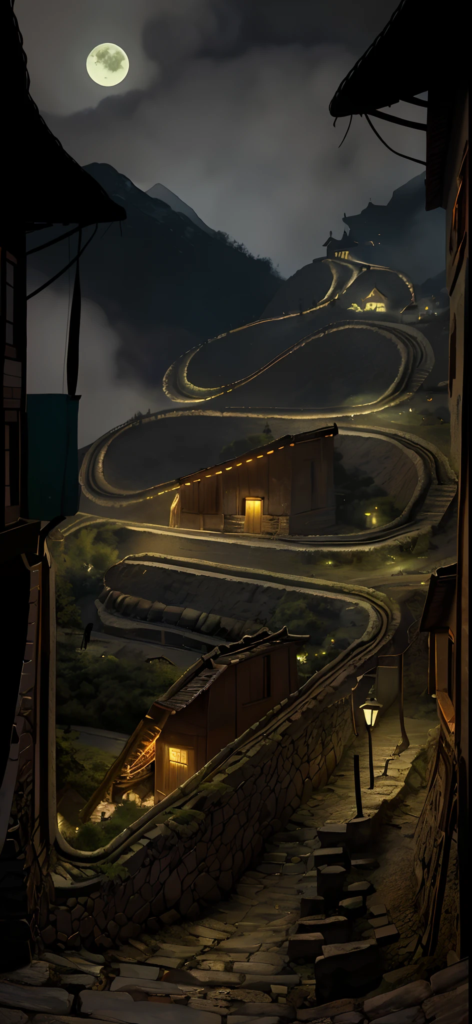 Poor small mountain village streets, Villagers, Old houses, Very detailed, Night, Gloomy, Terrifying, Overlooking