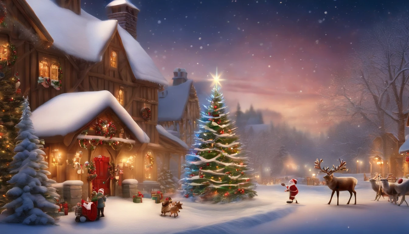 (best quality,4k,8k,highres,masterpiece:1.2),ultra-detailed,(realistic,photorealistic,photo-realistic:1.37),Christmas, jolly atmosphere, Santa Claus, joyful kids, beautifully decorated Christmas tree, vibrant colors, snowy landscape, heartwarming moments, cozy fireplace, twinkling lights, shiny ornaments, delicious treats, gift-giving, laughter and happiness, festive attire, magical reindeer, joyful carolers, warm hugs, cheerful smiles, elaborate presents, festive decorations, cute snowman, stockings filled with surprises, sleigh rides, winter wonderland, cozy family gatherings, holiday spirit, magical moments, merry celebrations, joyful anticipation, peaceful and joyful scene, happy faces, frosty breath, shimmering snowflakes, Santa's workshop, children's excitement, magical surprises, snow-covered rooftops, sparkling starry sky, glowing candles, joyful reunions, festive music, mistletoe, Santa's sleigh in the night sky, magical aurora borealis, shimmering icicles, joyous laughter, Santa's naughty and nice list.