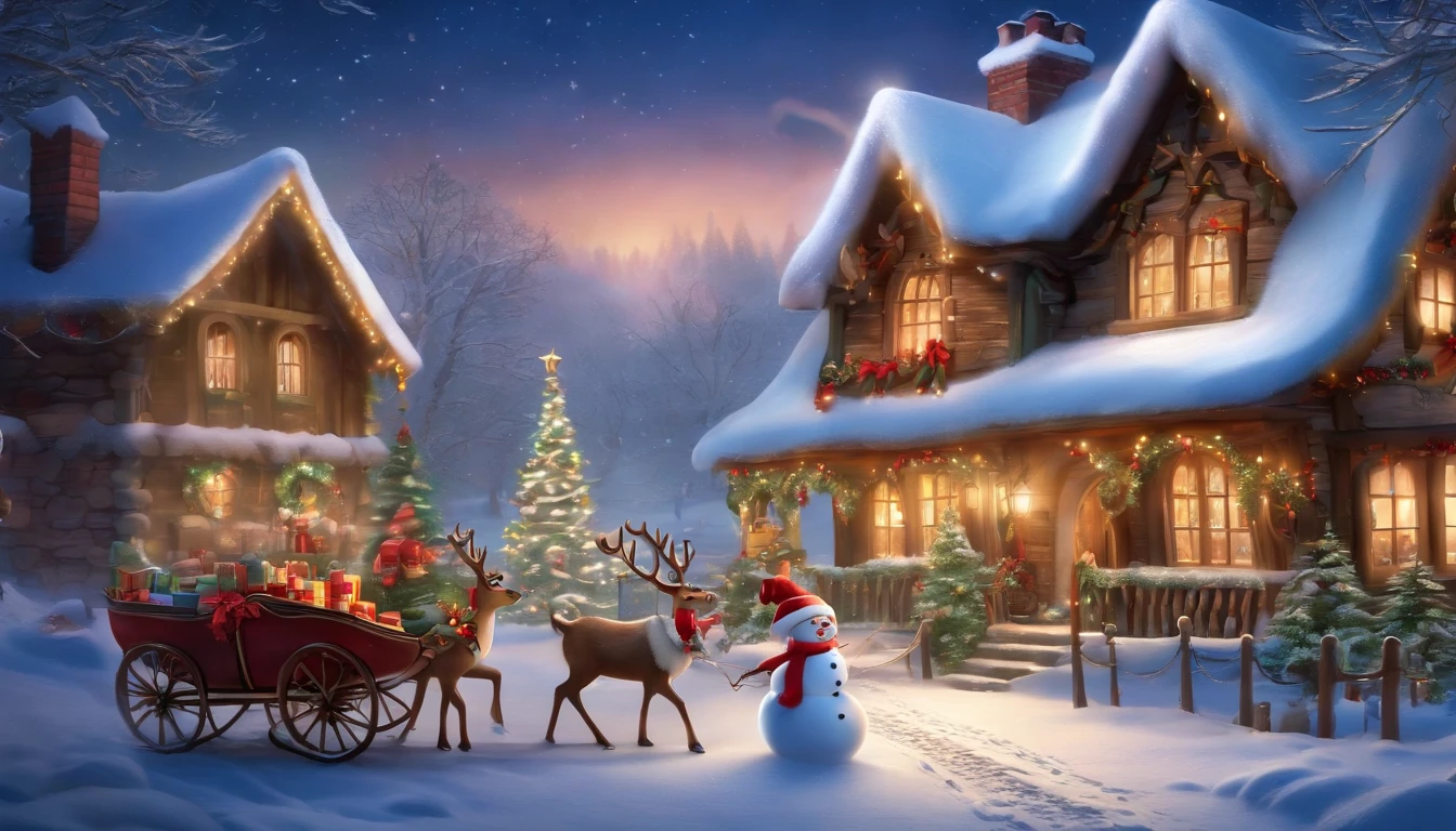 (best quality,4k,8k,highres,masterpiece:1.2),ultra-detailed,(realistic,photorealistic,photo-realistic:1.37),Christmas, jolly atmosphere, Santa Claus, joyful kids, beautifully decorated Christmas tree, vibrant colors, snowy landscape, heartwarming moments, cozy fireplace, twinkling lights, shiny ornaments, delicious treats, gift-giving, laughter and happiness, festive attire, magical reindeer, joyful carolers, warm hugs, cheerful smiles, elaborate presents, festive decorations, cute snowman, stockings filled with surprises, sleigh rides, winter wonderland, cozy family gatherings, holiday spirit, magical moments, merry celebrations, joyful anticipation, peaceful and joyful scene, happy faces, frosty breath, shimmering snowflakes, Santa's workshop, children's excitement, magical surprises, snow-covered rooftops, sparkling starry sky, glowing candles, joyful reunions, festive music, mistletoe, Santa's sleigh in the night sky, magical aurora borealis, shimmering icicles, joyous laughter, Santa's naughty and nice list.