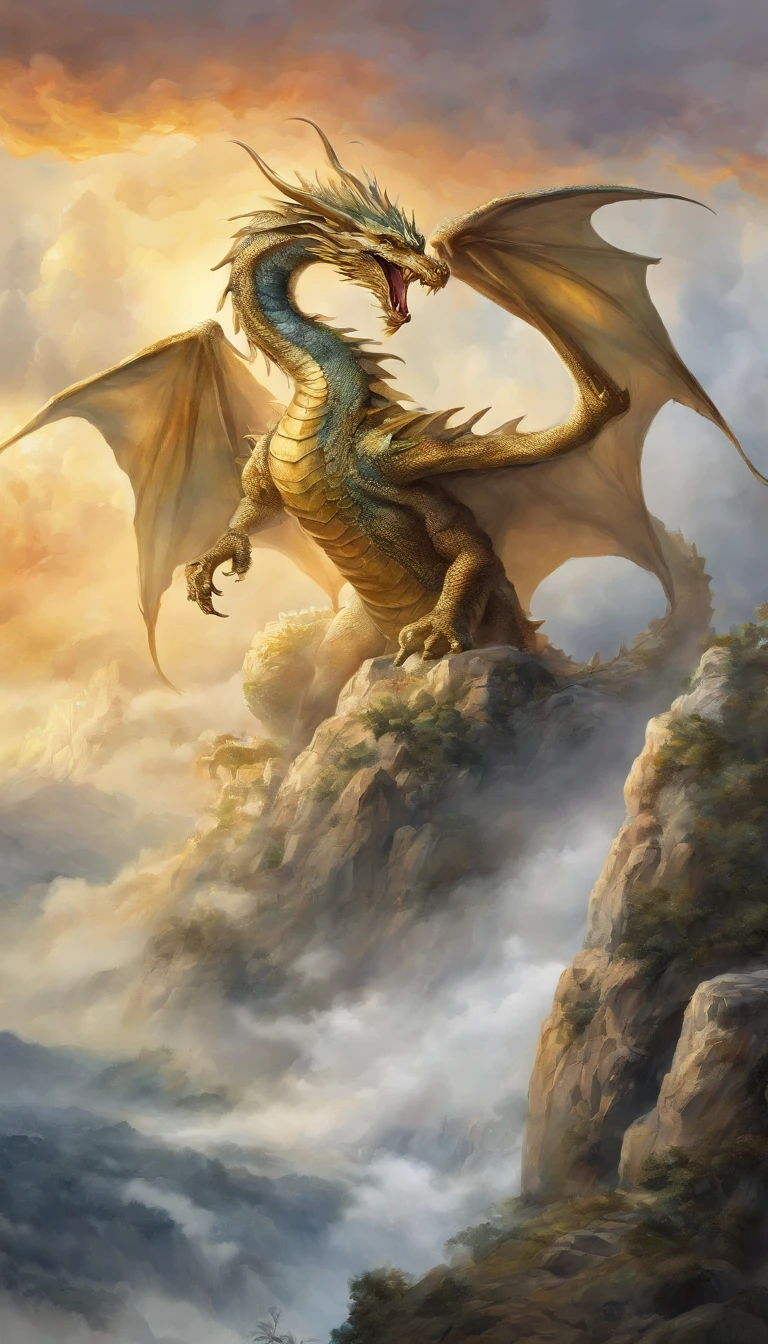 ((best quality,masterpiece, intricate,ultra-detailed, realistic, RAW photo, 8k uhd, ultra high res, photorealistic style, cinematic scenes, sharp focus, dramatic lighting, extremely detailed CG unity wallpaper), a gold dragon horvering in the clouds,
