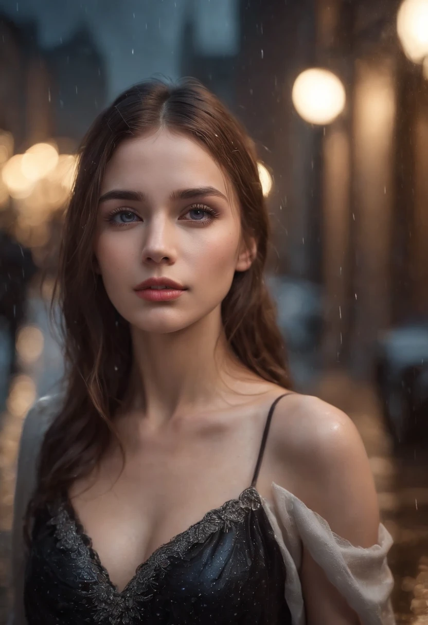 A girl standing in the rain on a street at night, facing the camera. The girl has beautiful detailed eyes, long eyelashes, beautiful detailed lips, and an extremely detailed face. She is wearing a black dress, looking sad. The street is wet from the rain, with puddles reflecting the lights from the surrounding buildings. The atmosphere is melancholic, with misty raindrops falling down. The medium used to create this artwork is high-resolution photography with a close-up shot (1.6). The image quality is the best, with 4K or 8K resolution, providing an ultra-detailed and realistic effect. The lighting is dim and dramatic, casting shadows on the girl's face and emphasizing the mood of the scene. The color tone is desaturated with a hint of blue, giving a cool and somber feeling to the overall picture.