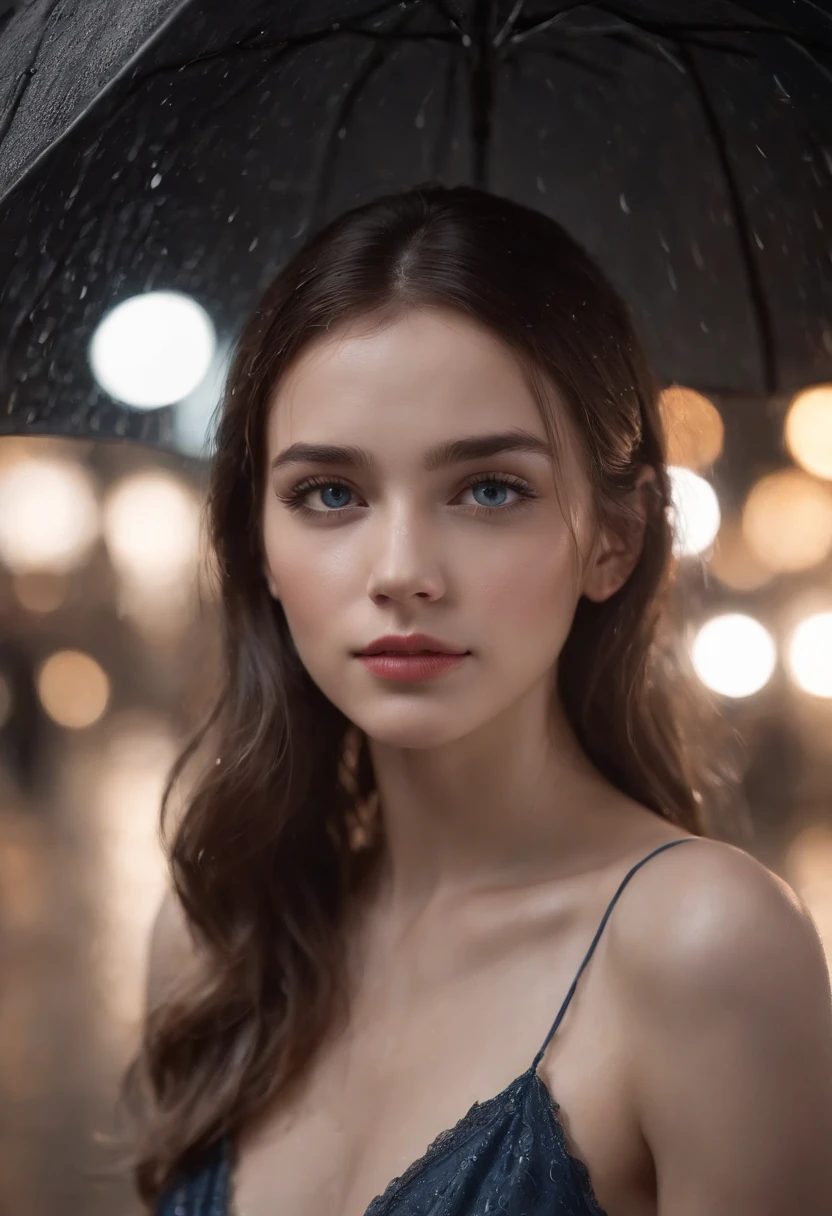 A girl standing in the rain on a street at night, facing the camera. The girl has beautiful detailed eyes, long eyelashes, beautiful detailed lips, and an extremely detailed face. She is wearing a black dress, looking sad. The street is wet from the rain, with puddles reflecting the lights from the surrounding buildings. The atmosphere is melancholic, with misty raindrops falling down. The medium used to create this artwork is high-resolution photography with a close-up shot (1.6). The image quality is the best, with 4K or 8K resolution, providing an ultra-detailed and realistic effect. The lighting is dim and dramatic, casting shadows on the girl's face and emphasizing the mood of the scene. The color tone is desaturated with a hint of blue, giving a cool and somber feeling to the overall picture.
