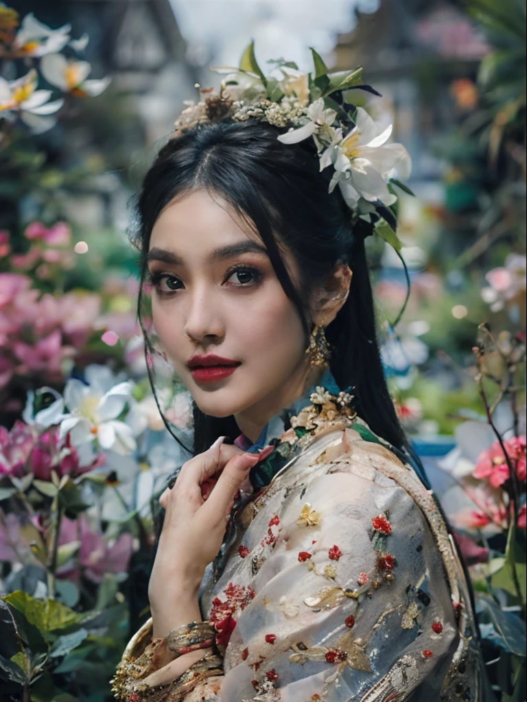 (best quality,4k,Super precise,Masterpiece:1.2), Oil Painting:1.5, A woman with long black hair...., A woman dominated by white flowers in her hair., Sitting in front of a high mountain, Thai costume, (Highly detailed painting:0.353), (Gothic Art:0.106)