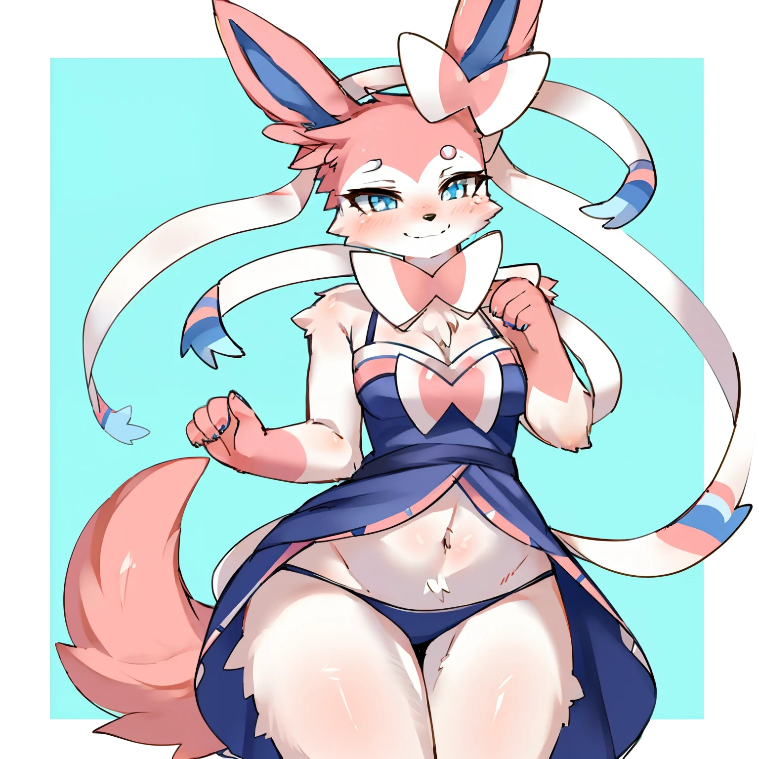 by kame_3t, by kinokoningen, by Kloe_Mone, solo, female, sylveon, fluffy fur, tail, one tail, smile, thin body, wide hips, magical girl dress.