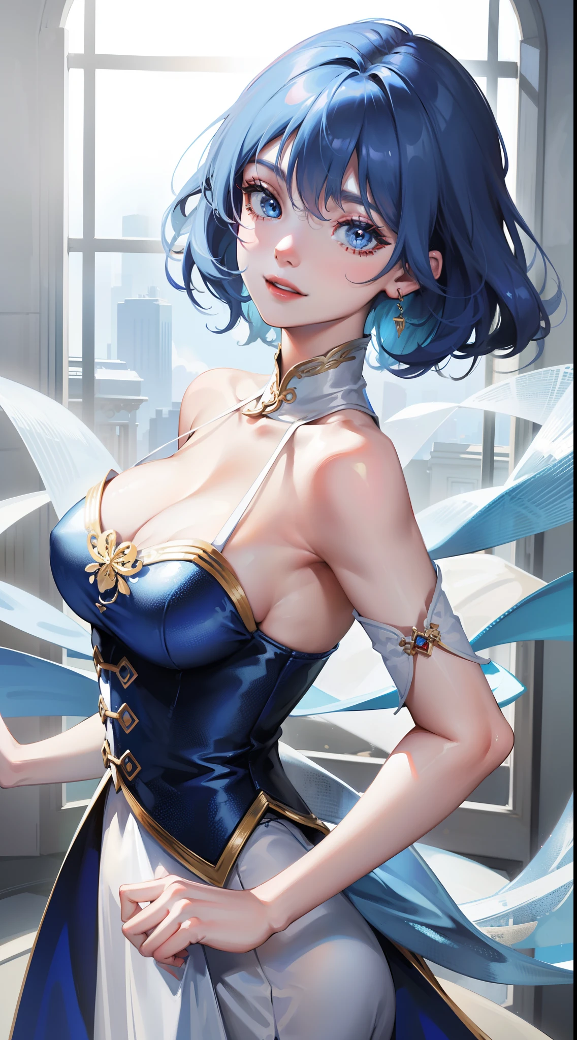 Tall girl, Short blue hair, blue eyes, white chinese dress, Blue inserts, open shoulders, red lipstick, Smile, Masterpiece, hiquality, high detail, HD, 4k