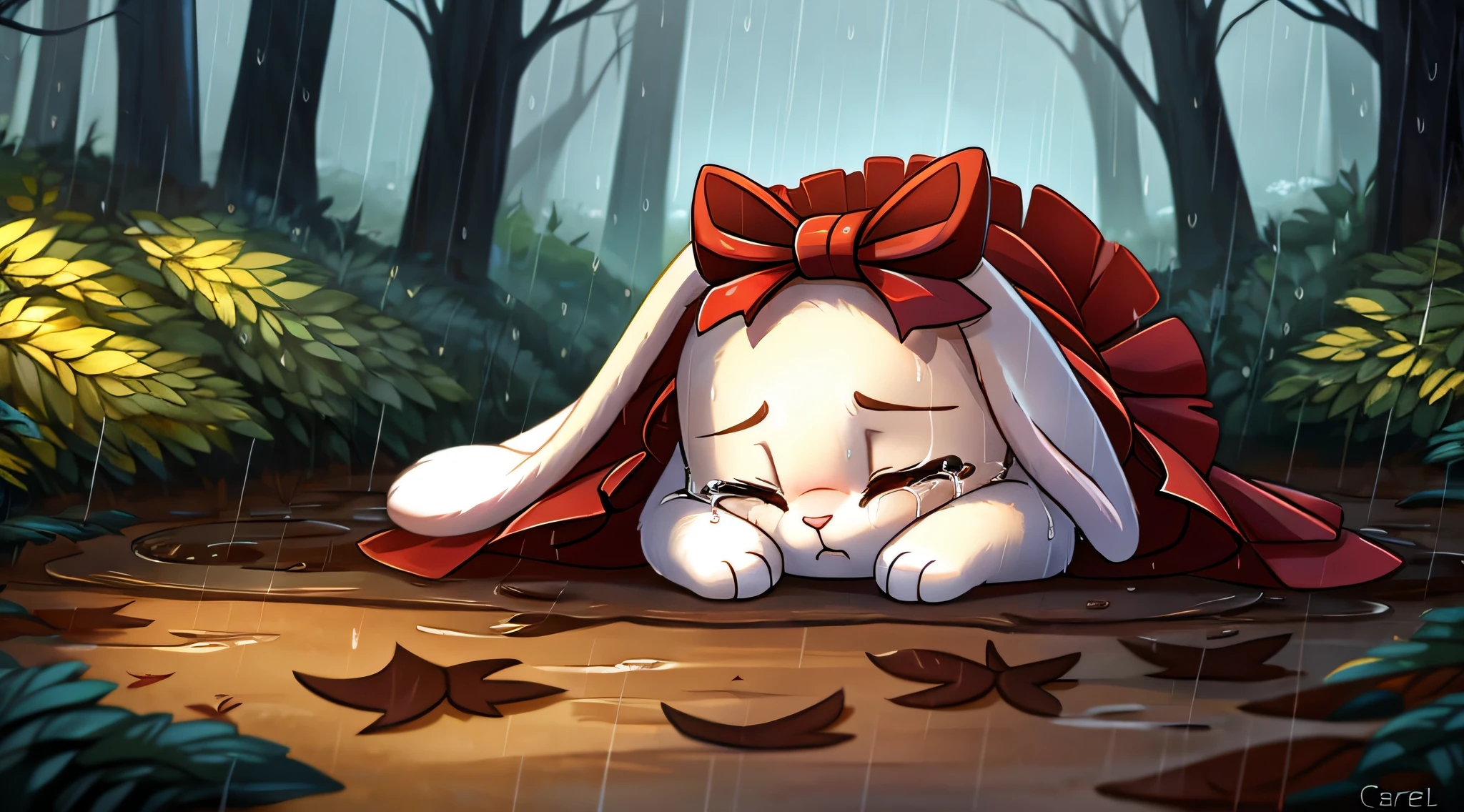 aeriel view, zoomed out image, fantasy style art, cute, adorable, short character, small, tiny little fluffy female white bunny, eyes shut, long eyelashes, poofy rabbit tail, wearing a red frilly ribbon dress, curling up in a ball in the forest, lying down on the ground, sad, alone, lonely, on the forest floor, muddy, crying, sobbing, bawling, mouth open, stunning visuals, raining, puddles, crushed plants, scattered stick and leaves in the ground, digital illustration