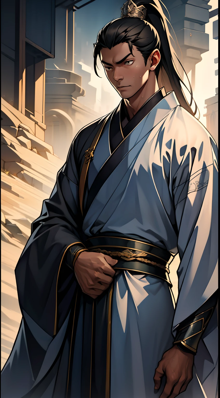 quadratic element,style of anime,mtu(Male Warrior),The proportions are correct,Face details,swordsmen,High ponytail hairstyle,Neck details,There is an Adam's apple,Black Hanfu,kaftan,Embroidered robes,Black robe,clothes details,Handing over,longer sleeves,Game quality,Swordsmanship,Light and shadow tracking,Ray traching,detailed glow,cg render,hair detail,cabelos preto e longos,Black eyes,Handsome,Handsome,(juvenile sense),Clothing is complicated,Perfectcomposition,Refinement,high qulity,higher details,Lots of details,The background is complex,a sense of atmosphere,