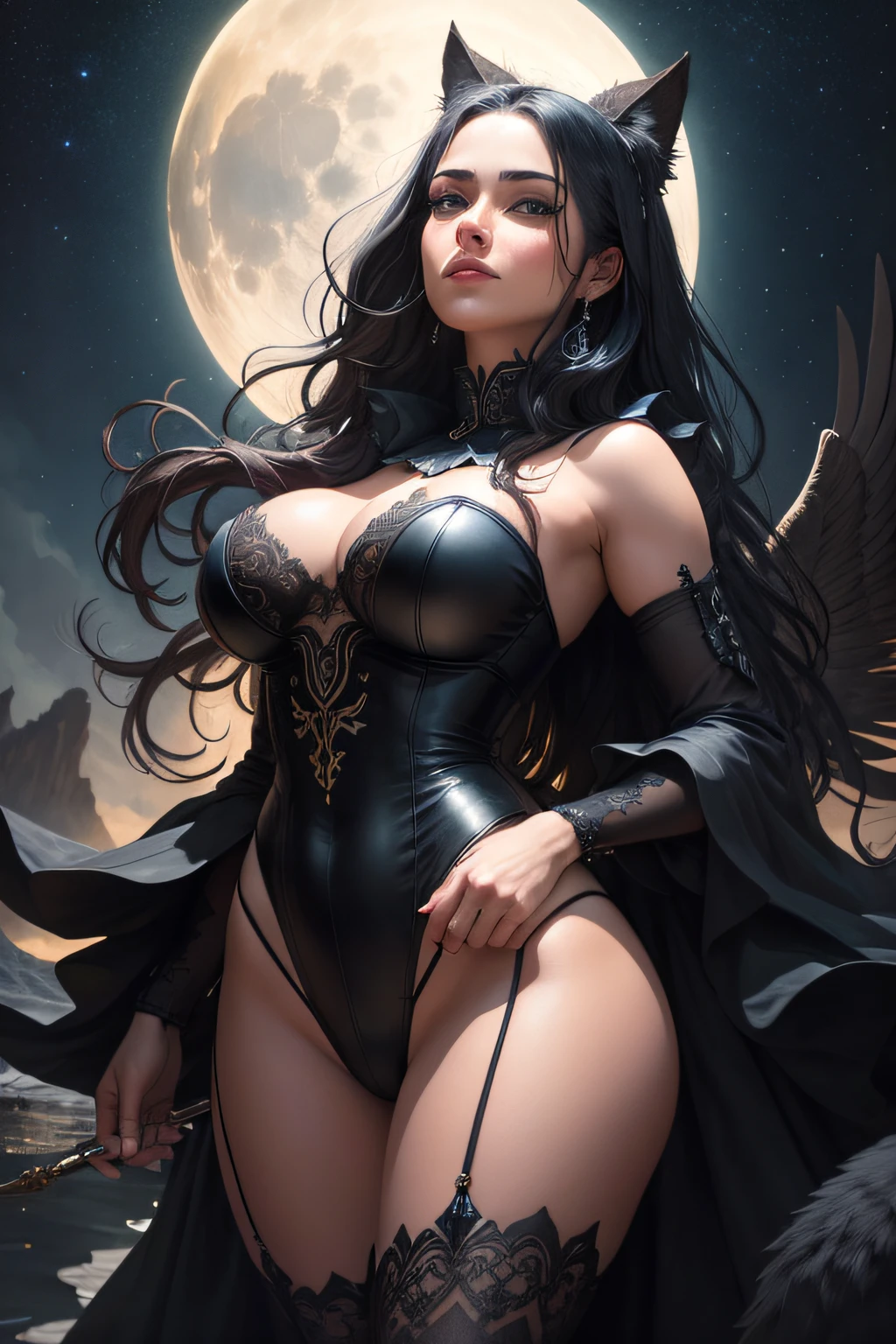 Chica anime con un traje morado y negro con grandes pechos y una gran cola que hechiza los muslos de cuerpo entero parada Arte de Aaron Horkey, , , Ultra altamente detallado, 32K, foco nítido, luminismo, detailed oil painting, luna, Cielo detallado, Lobo oscuro con gran detalle, por Anato Finnstark . Paisaje detallado, Northern Tales Aesthetics, Dynamic movement, grandes ojos reflectantes, bosque,resplandeciente, hojas arremolinadas, Niebla esmeralda, mistic, Antecedentes complejos, dynamic lighting, Luces, Pose intrincada, Filigrana altamente detallada, intrincado, barroco, hudson river school, Thomas Cole, Obra maestra