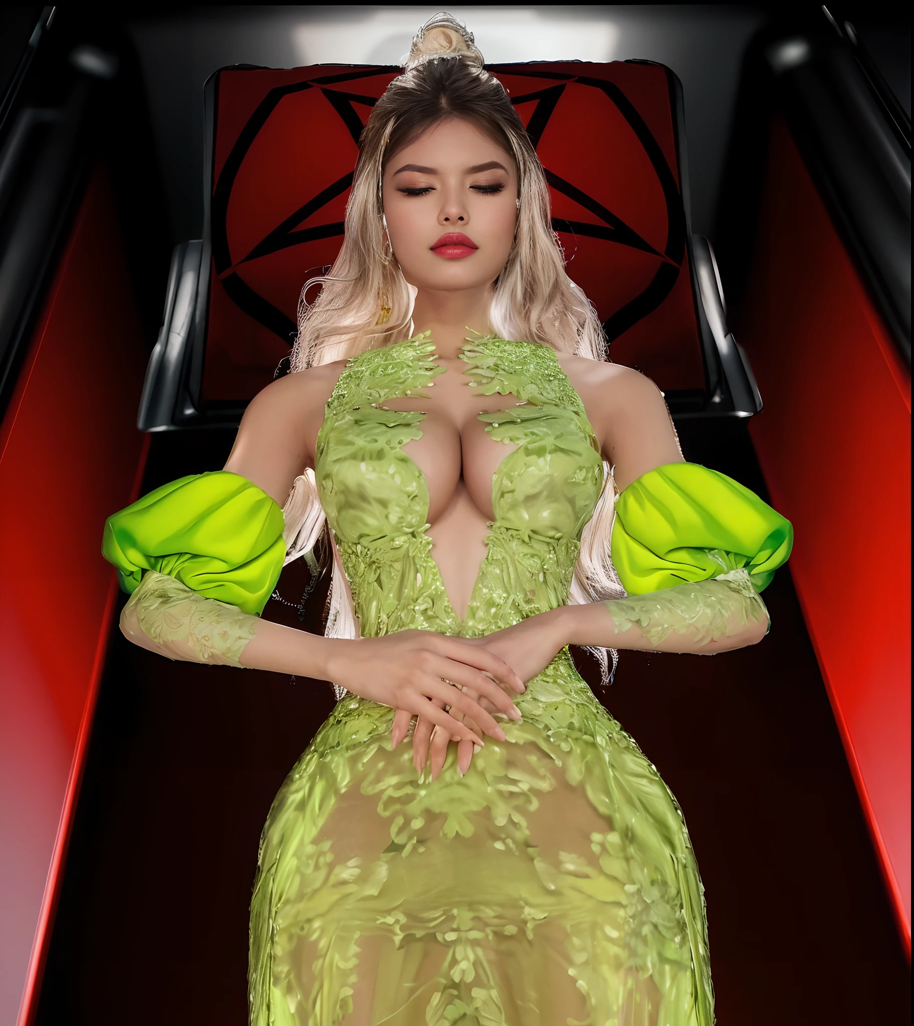 araffe woman in a green dress with green gloves on, imvu, glamor pose, (((mad))) elf princess, second life avatar, elegant glamor pose, green colored skin!!, full body green dress, fantasy long intricate gown, inspired by Elmyr de Hory, wearing a neon green dress, inspired by Aramenta Dianthe Vail, masterpiece, (photorealistic:1.4), 1girl, ((eyes closed)), round breast, beautiful eyebrows, beautiful breast, beautifull eyelashes, breast fixed, (eyebrows fixed), body fixed, big boobs, ((black casket))