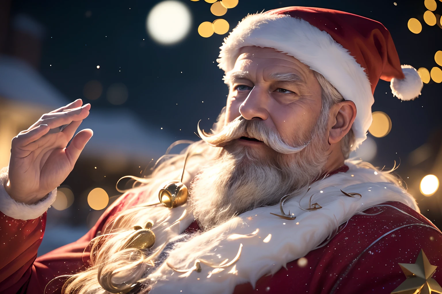 "(best quality,4k,8k,highres,masterpiece:1.2),ultra-detailed,realistic,portrait,Christmas,santa claus,joyful facial expression,red suit,long white beard,golden sleigh,pulling by reindeer with antlers and red noses,happy children waving,sparkling snow,starry night,glowing lights,magical atmosphere"