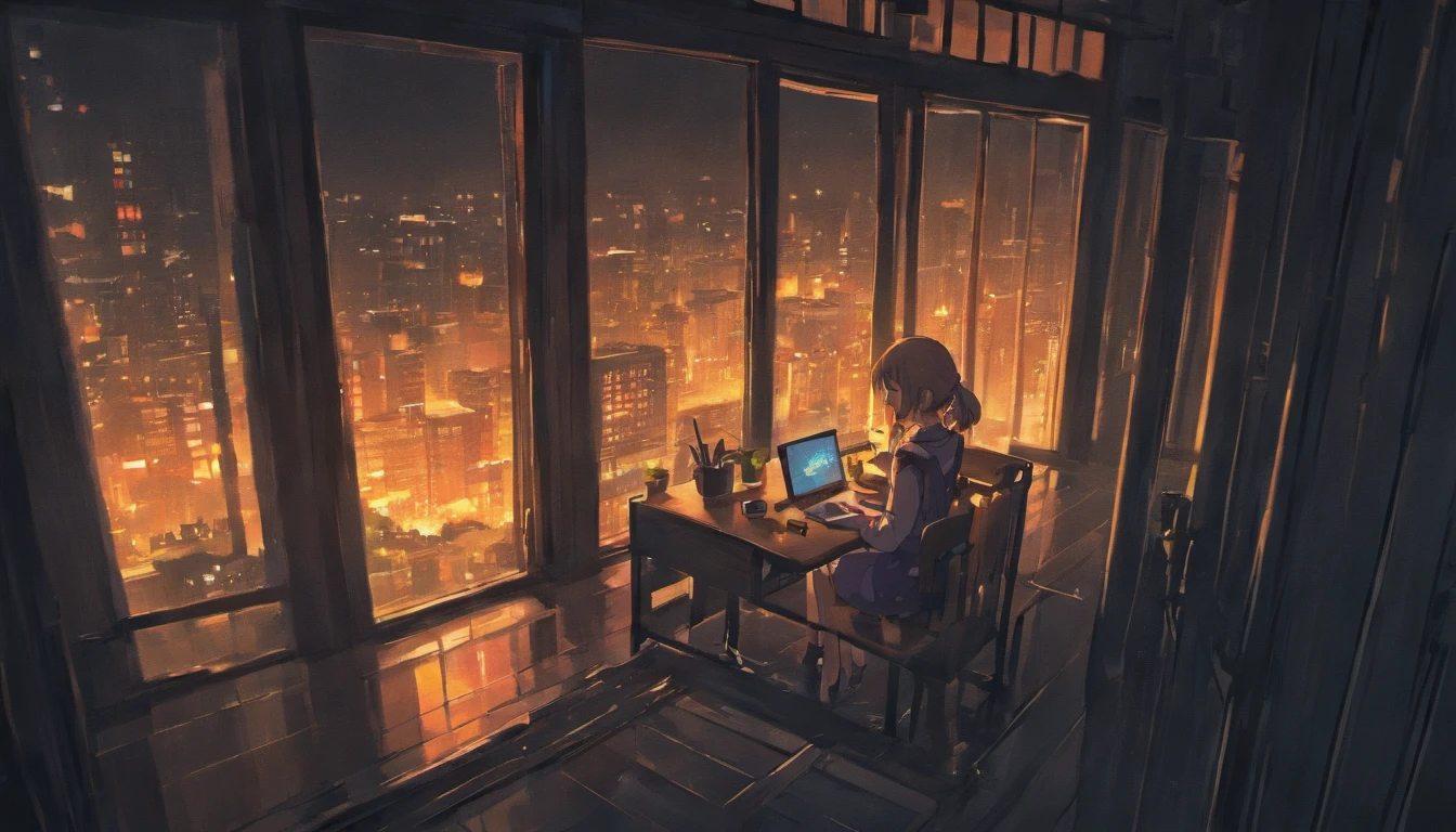girl alone by window, dark room, night