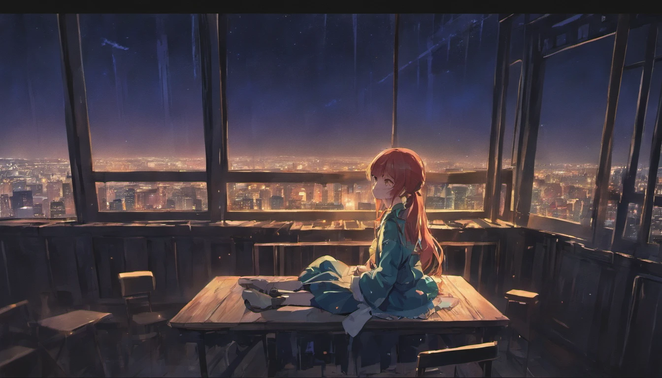 octans, sky, star (sky), scenery, starry sky, night, 1girl, night sky, solo, outdoors, building, cloud, comets, milky way, sitting, tree, bring laptop, long red hair, white shirt, golden eyes, black panties, wet, sexy, cyber city, futures, silhouette, cityscape, amazing, power, aura, gate.