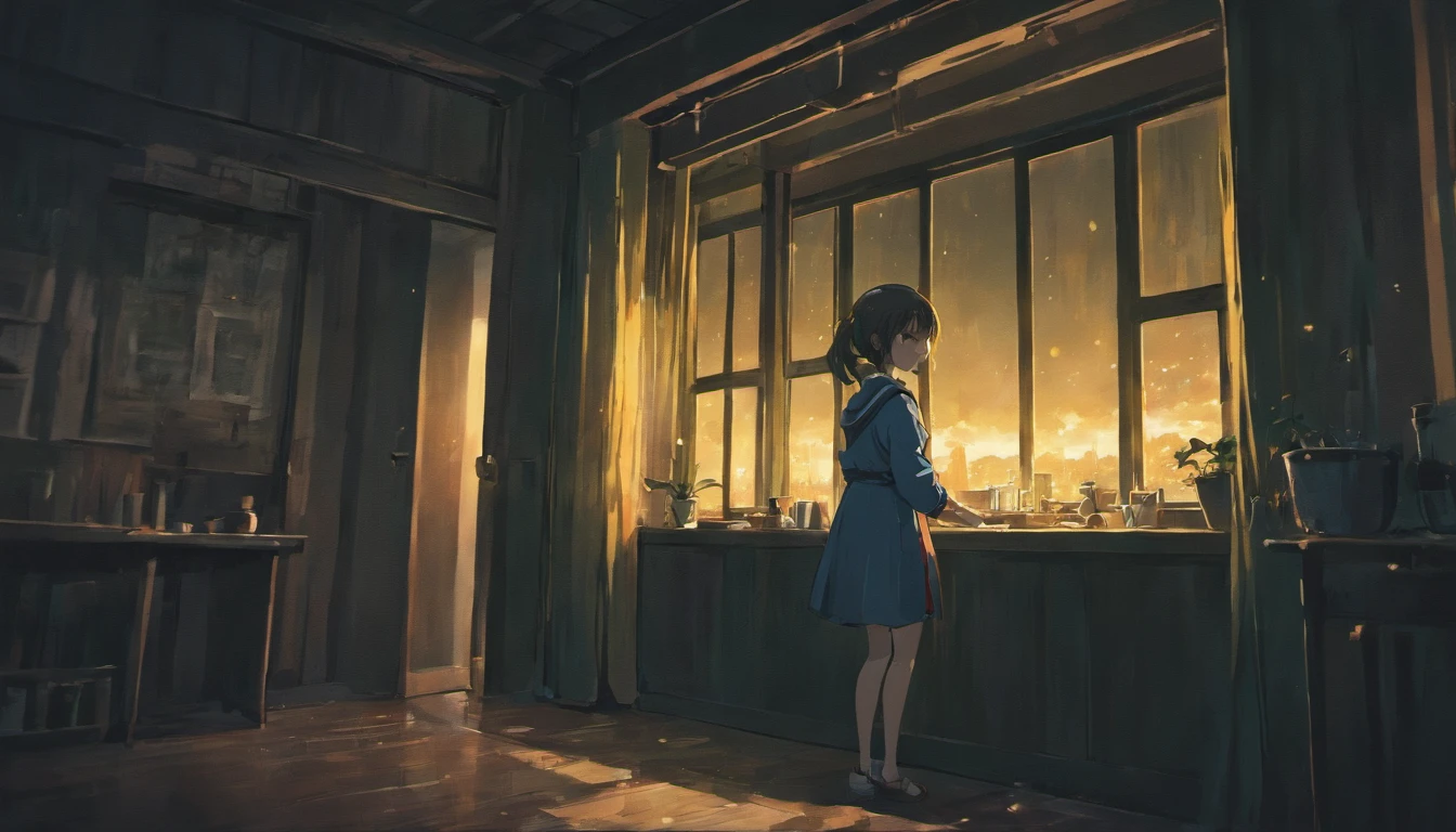 girl alone by window, dark room, night